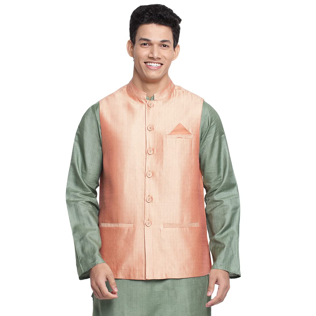 Fabindia Men Viscose Silk Woven Nehru Jacket Gold_M