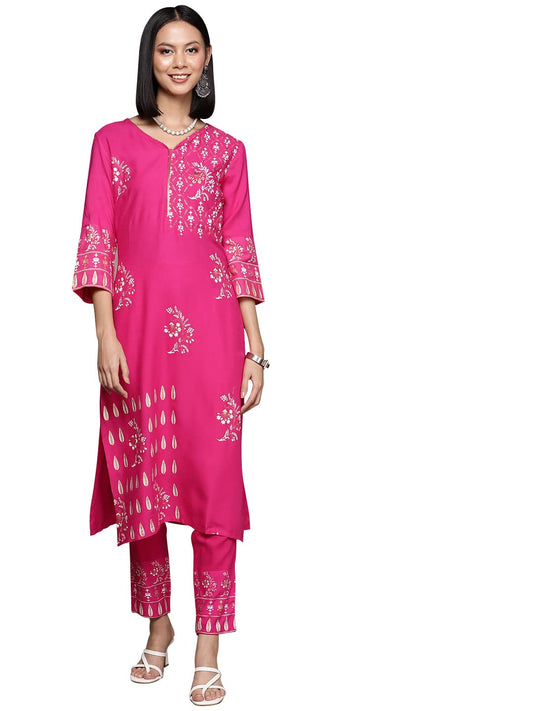 ZIYAA Women's Pink Rayon Straight Kurta And Pant Set(ZIKURY3918ANDPA)