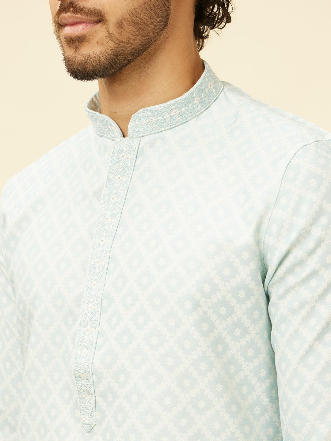 Manyavar Mens Blue Art Silk Self Design Kurta Pyjama Set