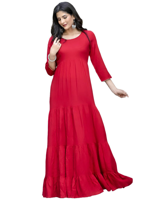 Gosriki WomenS Cotton Blend Solid Traditional Ethnic Long Flared Gown (Shasha Red-Gs_S_Red_Small)