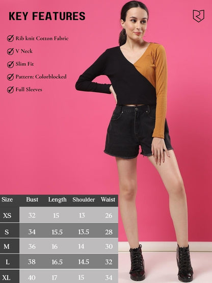 Rigo Casual Wear V Neck Rib Knit Top for Women | Slim Fit Long Sleeves Western Tops for Women