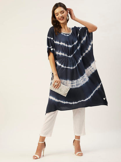 anubhutee Women's Viscose Rayon Navy Blue Tie and Dye Printed Kaftan Kurta
