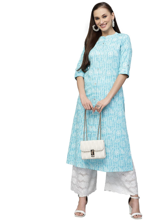 Stylum Women's Printed Rayon A-Line Kurta (Turquoise Blue)