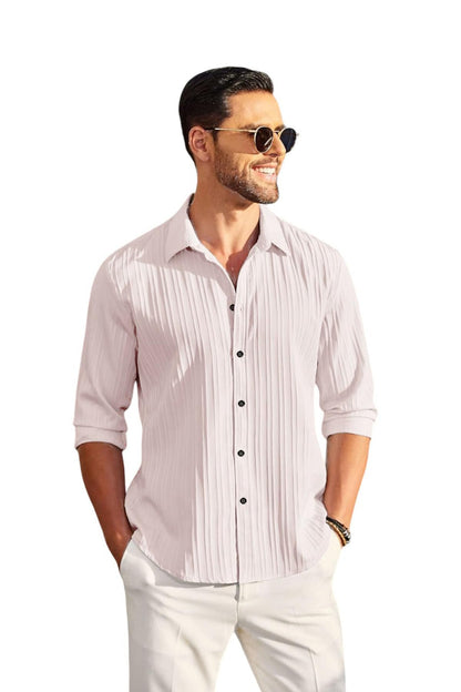 Deelmo MenS Casual Button Down Shirts Long Sleeve Linen Shirt Fashion Textured Beach Summer Shirt Cream