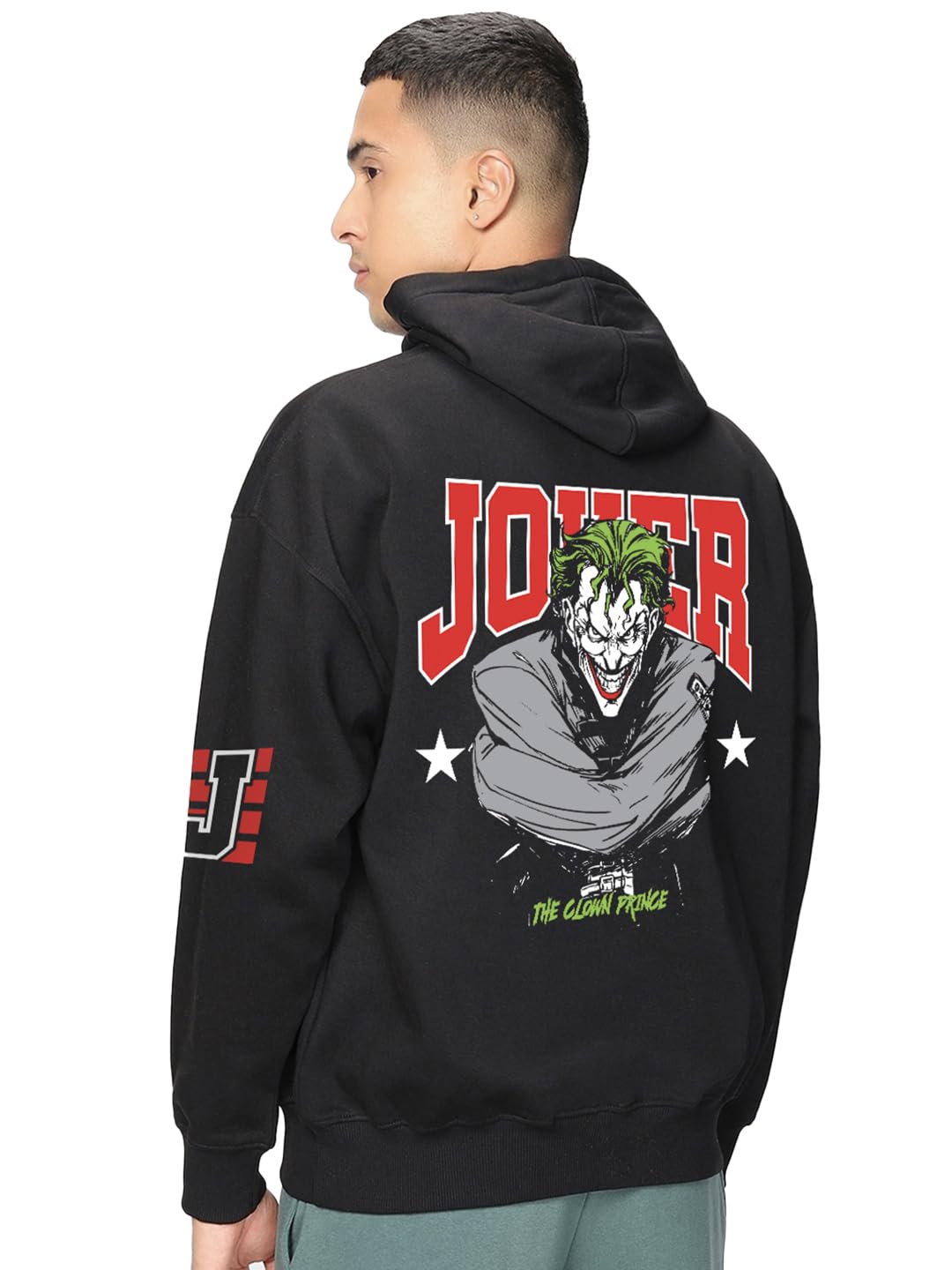 Bewakoof Official DC Merchandise Joker Mens Graphic Printed Oversized Fit Full Sleeve Hooded Fleece Hoodies_649967_Black_XL