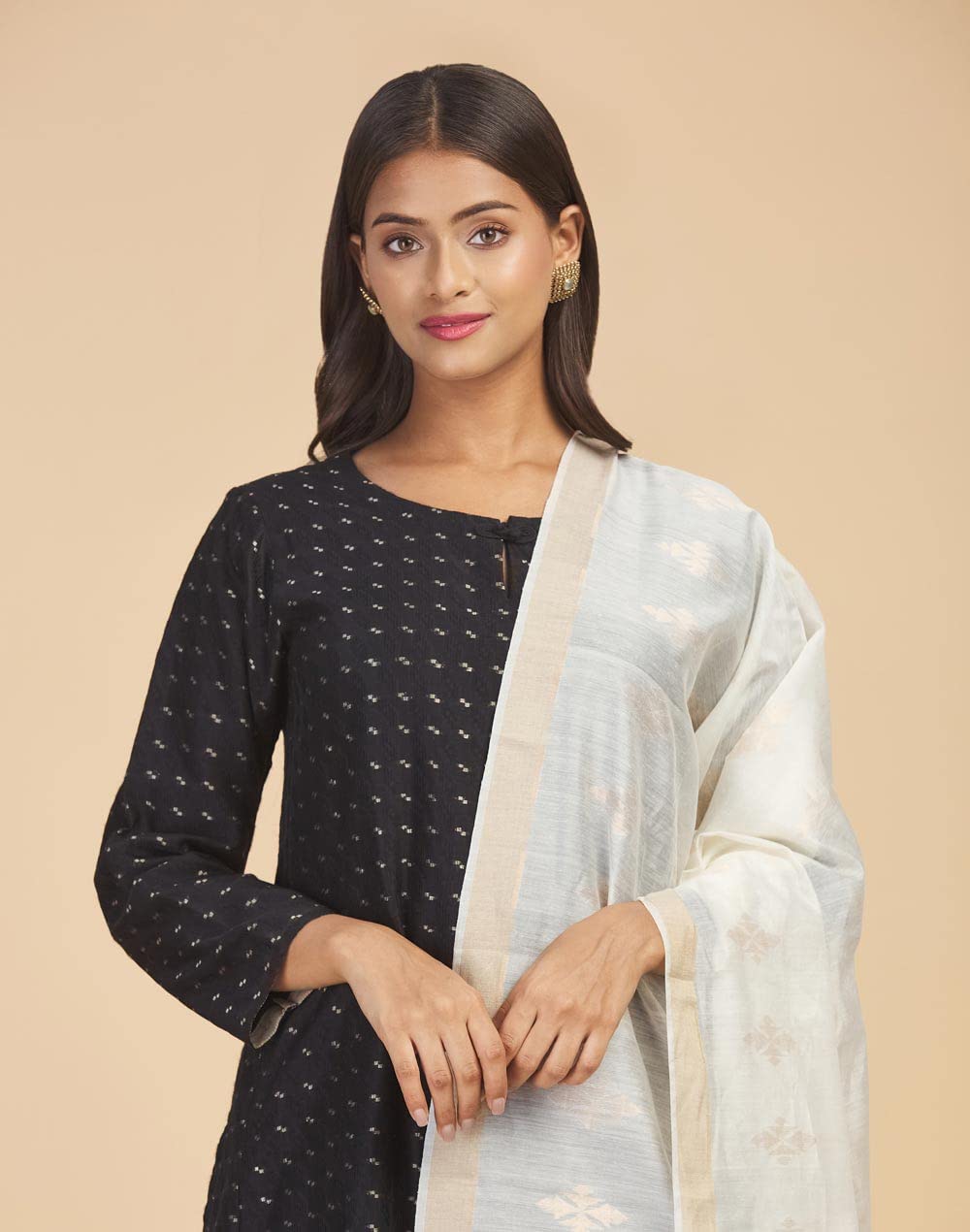 Fabindia Netural/White Cotton Silk Hand Woven Dupatta (Free Size)