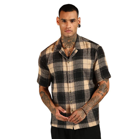 Campus Sutra Mens Black & Beige Tartan Resort Oversized Shirt for Casual Wear | Cuban Collar | Short Sleeve | Button Closure |
