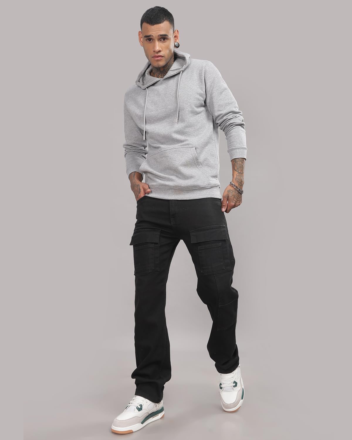 ADRO Men's Cotton Neck Hooded Sweatshirt (H24-M-PLN-GR_Grey