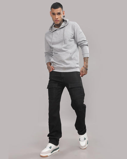 ADRO Men's Cotton Neck Hooded Sweatshirt (H24-M-PLN-GR_Grey