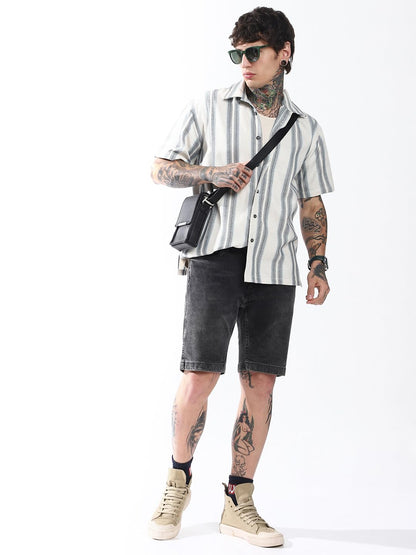 Hubberholme Men Striped Oversized Spread Collar Half Sleeve Shirt