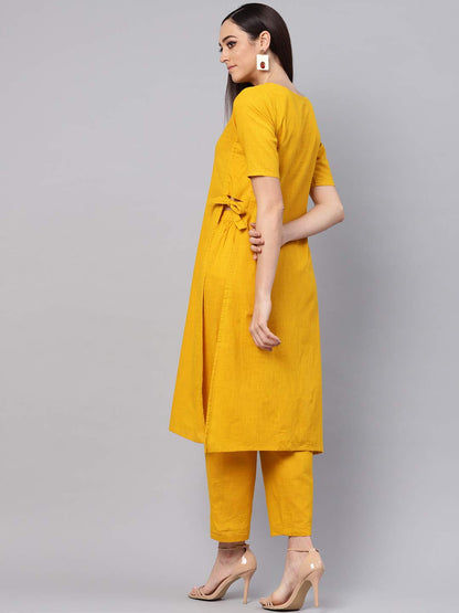 idaLia Mustard Straight Cotton Solid Kurta Set for Women Stylish Boat Neck Design Kurta Set with Pant