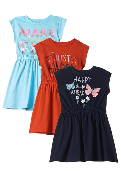 T2F Girls Cotton Printed Casual Knee-Length Dress(Pack of 3)
