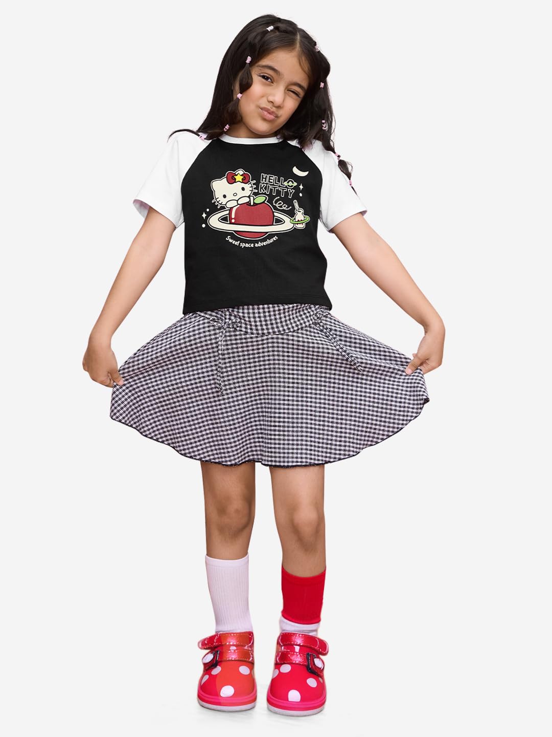 The Souled Store Hello Kitty: Sweet Space Girls Round Neck Short Sleeves Black and White Graphic Printed Cotton T-Shirts (2-8 Yr