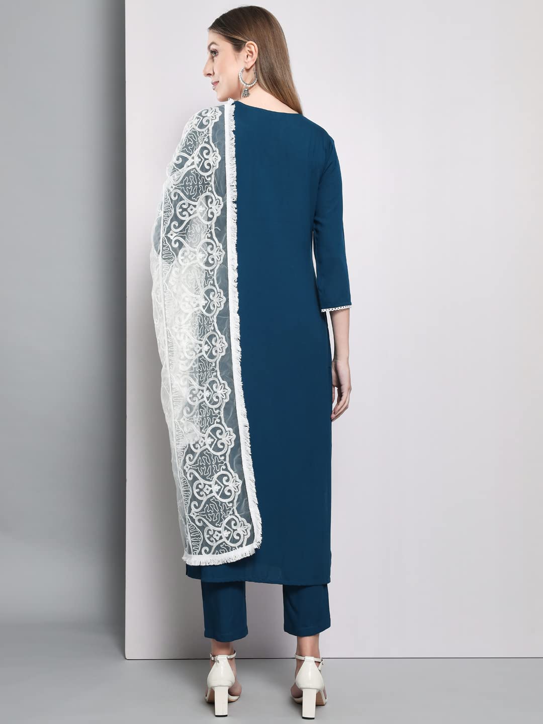 ANNI DESIGNER Women's Cotton Blend Embroidered Straight Kurta with Pants & Dupatta (ASANA)