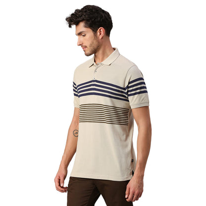 Dennis Lingo Mens Pure Cotton Striped Half Sleeves Polo T-Shirt (Beige)