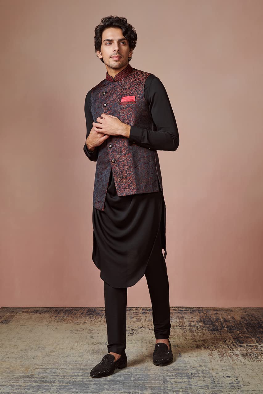 Manyavar Kurta Jacket Set For Men, Full Sleeves Mandarin Collar Ethnic Kurta Jacket Set For Festival, Wedding, Party Blended Ray