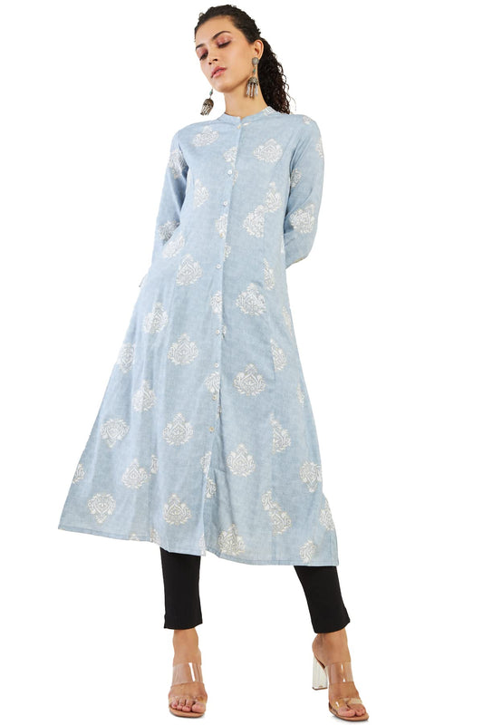 Soch Women Light Blue Rayon Printed Kurta