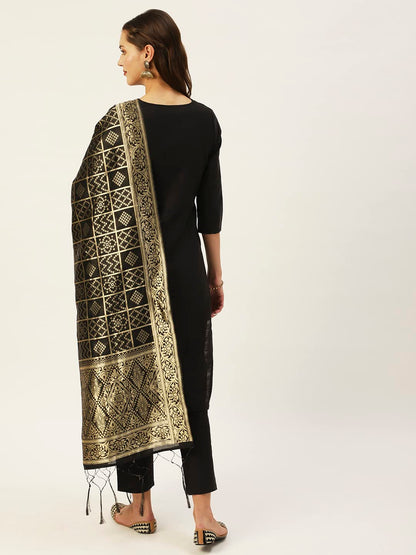 ishin Womens Silk Blend Straight Yoke Design Sequinned Kurta set With Dupatta & Trouser