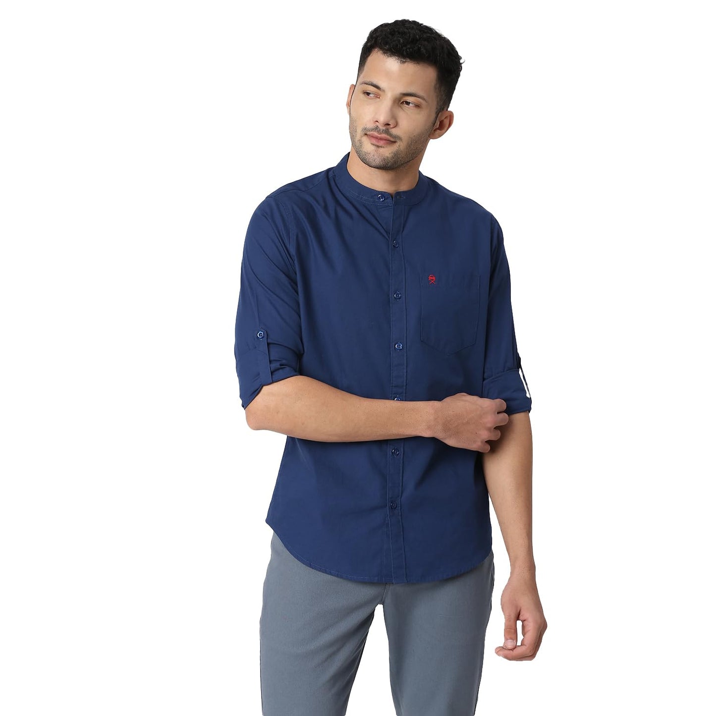 Thomas Scott Mens Solid Slim Fit 100% Cotton Casual Shirt with Mandarin Collar and Full Sleeve Dark Blue