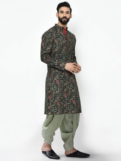 Kisah MenS Black Printed Cotton Kurta & Sage Green Dhoti Set  Ethnic Indian Wear For Weddings, Festivals & Everyday Comfort