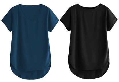 Fabricorn Combo Of Plain Airforce Blue V-Neck And Black Round Neck Up And Down Cotton Tshirt For Women (Airforce Blue And Black,