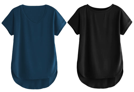Fabricorn Combo Of Plain Airforce Blue V-Neck And Black Round Neck Up And Down Cotton Tshirt For Women (Airforce Blue And Black,