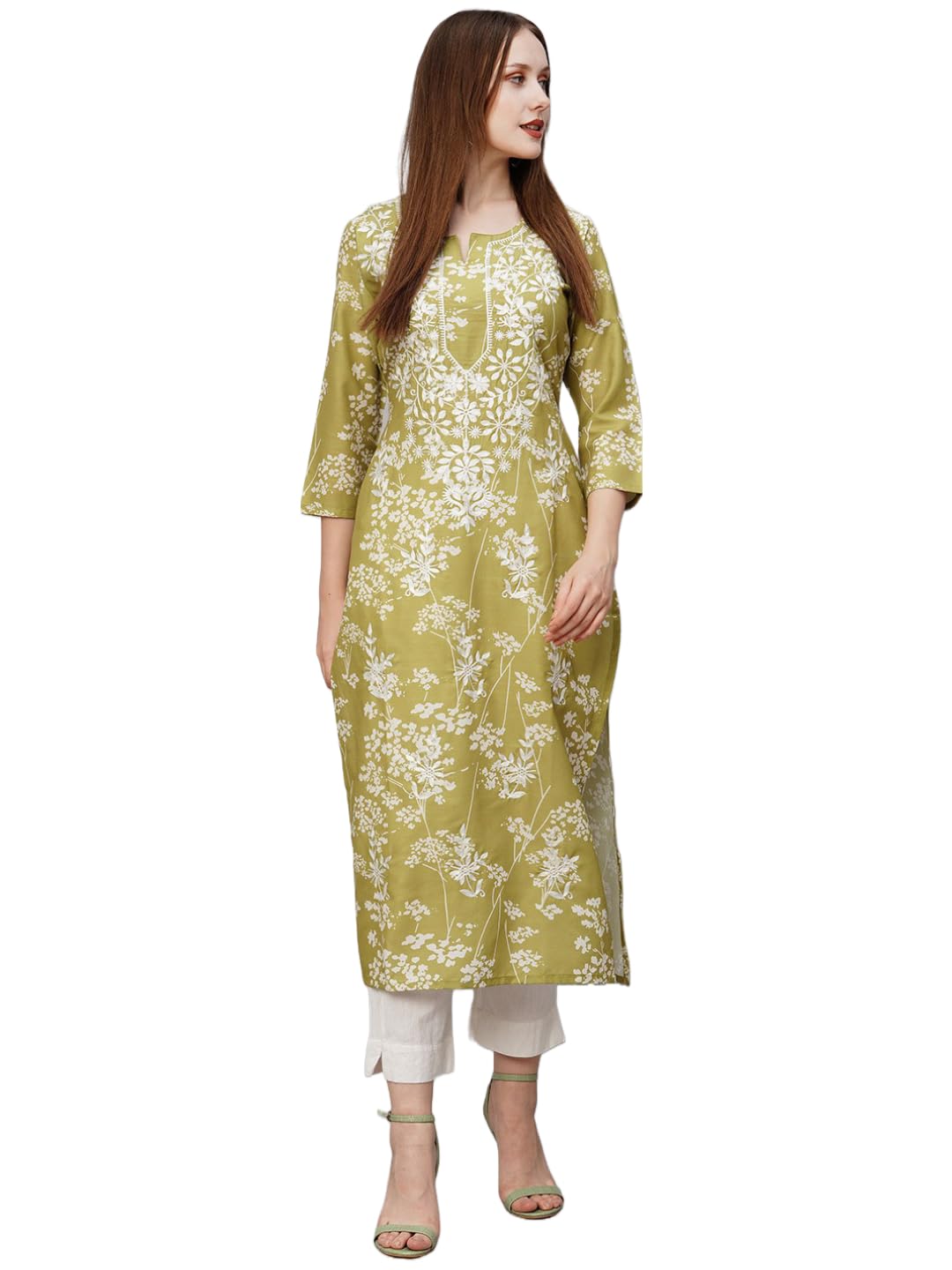 Gosriki WomenS Cotton Blend Chikankari Embroidegreen Straight Kurta (Rutika-Mehandi-Gs_S_Green_Small)