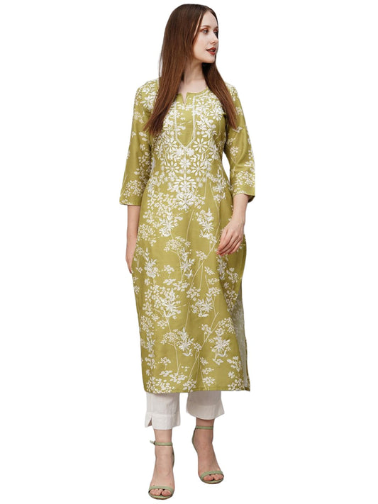 Gosriki WomenS Cotton Blend Chikankari Embroidegreen Straight Kurta (Rutika-Mehandi-Gs_S_Green_Small)