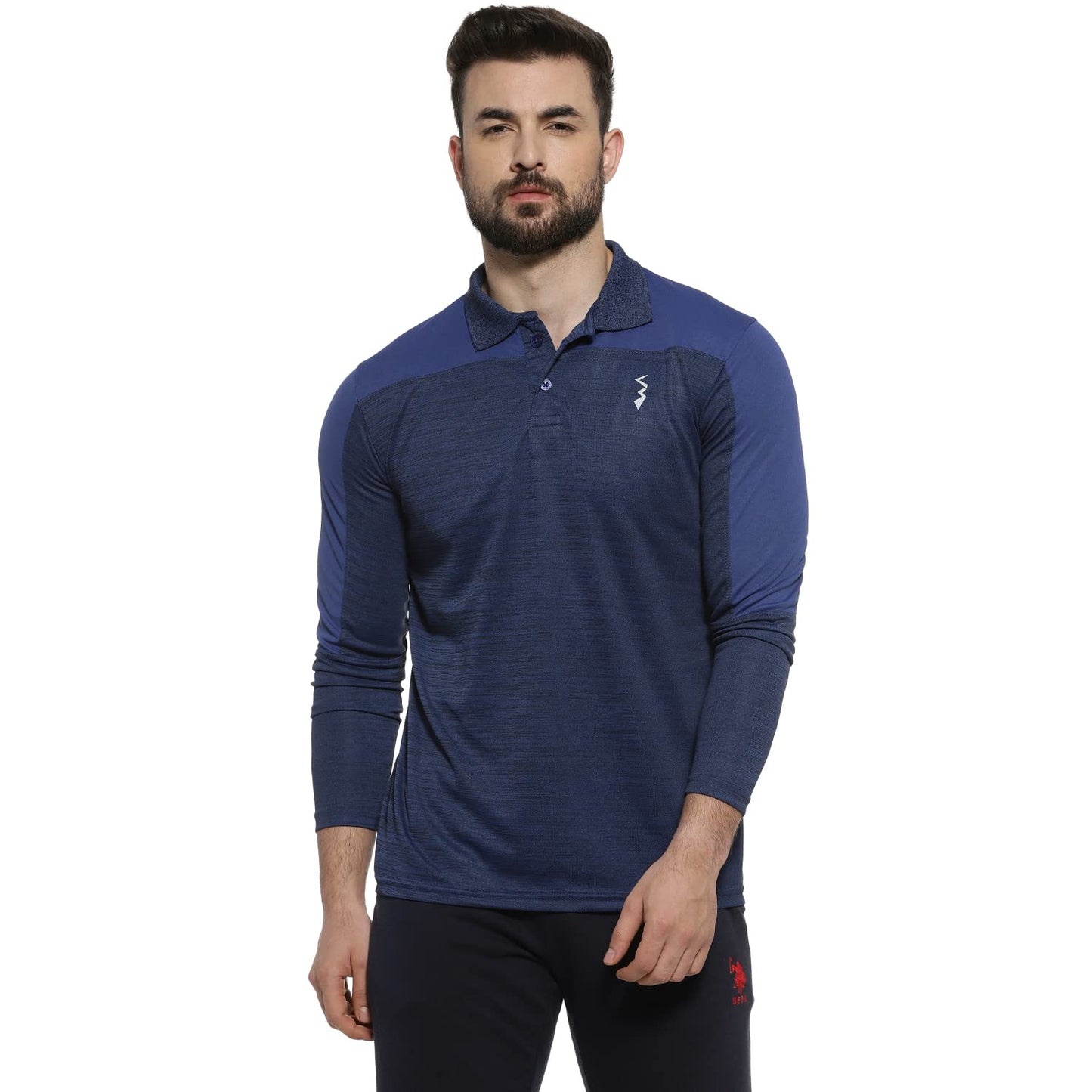 Campus Sutra Mens Denim Blue Contrast Activewear T-Shirt for Casual Wear | Spread Collar | Long Sleeve | Half-Button Closure |