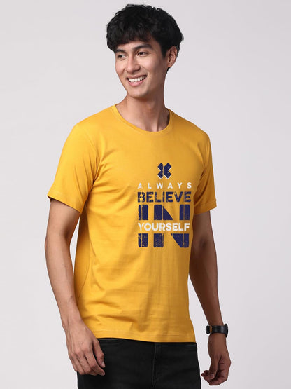 ADRO Believe in Yourself Printed T-Shirts for Men & Women (RNR-S35-BEL-MU_Mustard)