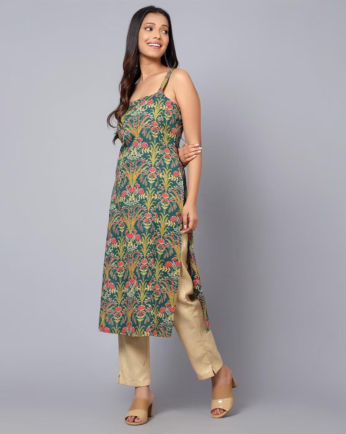 Patlani WomenS Cotton Blened Sleeveless Printed Full Stitched Kurti.(K-199) Green