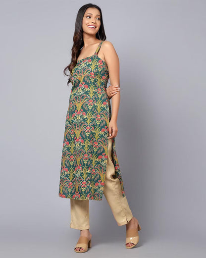 Patlani WomenS Cotton Blened Sleeveless Printed Full Stitched Kurti.(K-199) Green