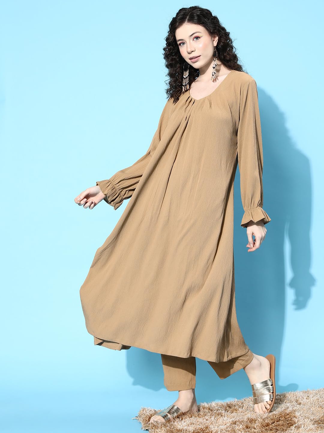 Varanga Women Beige Colour, Bishop Sleeve A-Line Kurta Paired With Tonal Bottom  Elegant & Comfortable Ethnic Wear For Women, Pe