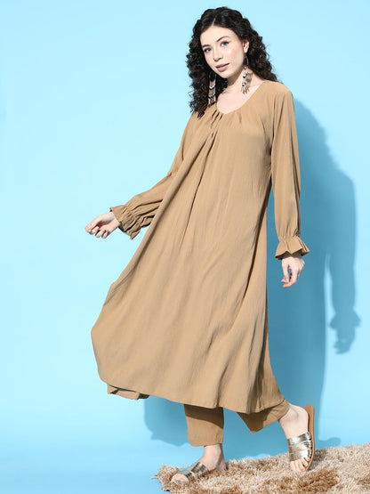 Varanga Women Beige Colour, Bishop Sleeve A-Line Kurta Paired With Tonal Bottom  Elegant & Comfortable Ethnic Wear For Women, Pe