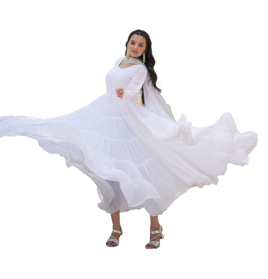 Fashion Basket WomenS Georgette Solid Anarkali Dress White