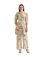 Leriya Fashion Soft Cotton Blend Floral Foil Print Puff Sleeve Shawl Collar Straight Kurta Pant Set for Women Causal Festival Of