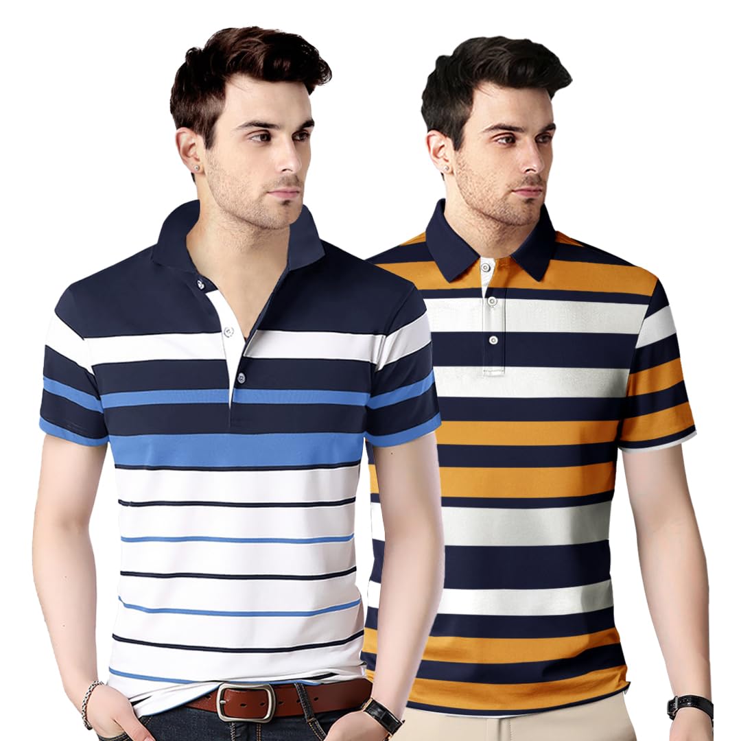 Noble Monk MenS Regular Fit Polo Neck T-Shirt | Half Sleeve | Stripe On Chest | Collared Neck Tshirt For Men