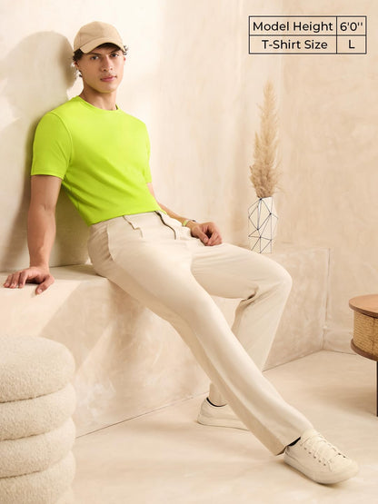 The Souled Store Lime Green Men and Boys Short Sleeves Round Neck Solid Regular Fit Cotton Supima T-Shirts