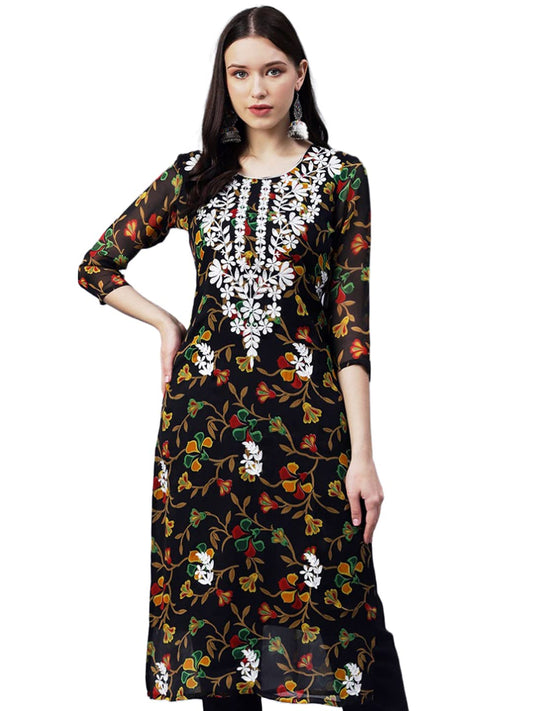 GoSriKi Women's Georgette Floral Straight Kurta