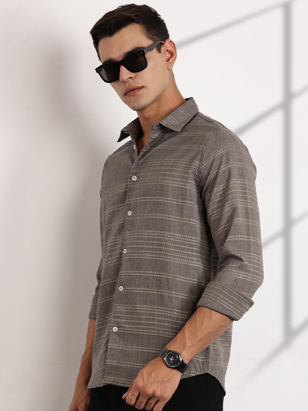 Thomas Scott Long Sleeve Embroderied Casual Shirt for Men Grey