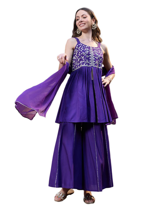 Stylum Womens Solid & Embrpodered Rayon Short Kurti Sharara Dupatta Set