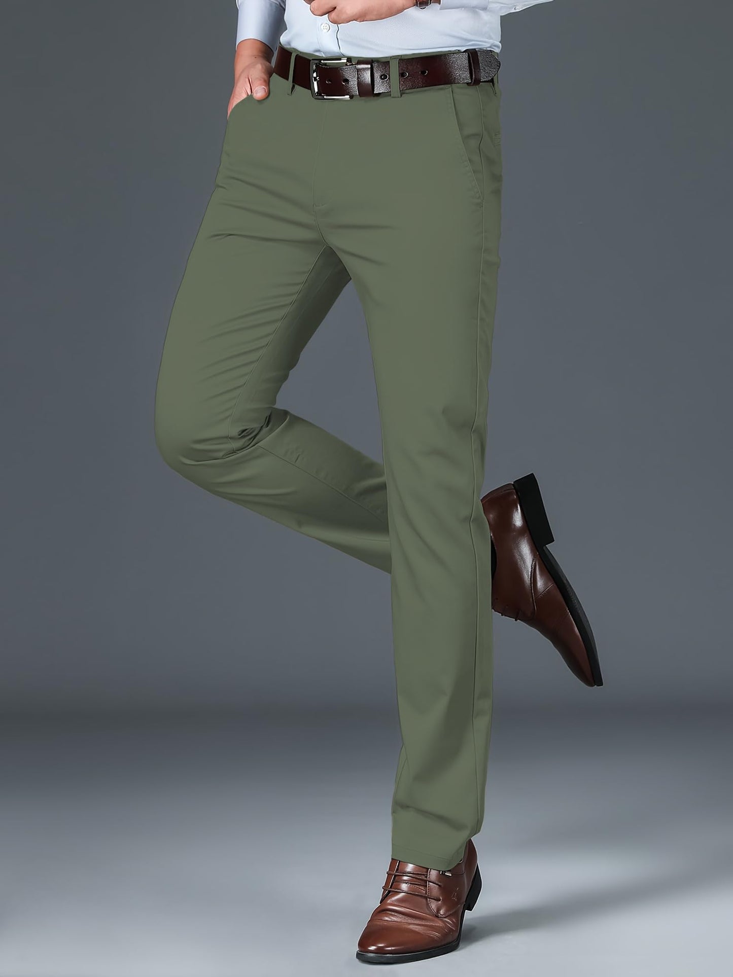 AVANOVA Mens Army Green Solid Trousers Light Business Style Slightly Stretch Straight Leg Pants for Outdoor Casual Daily (Trous