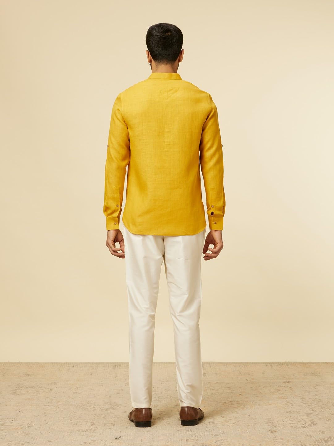 Manyavar Mustard Linen Plain Short Kurta