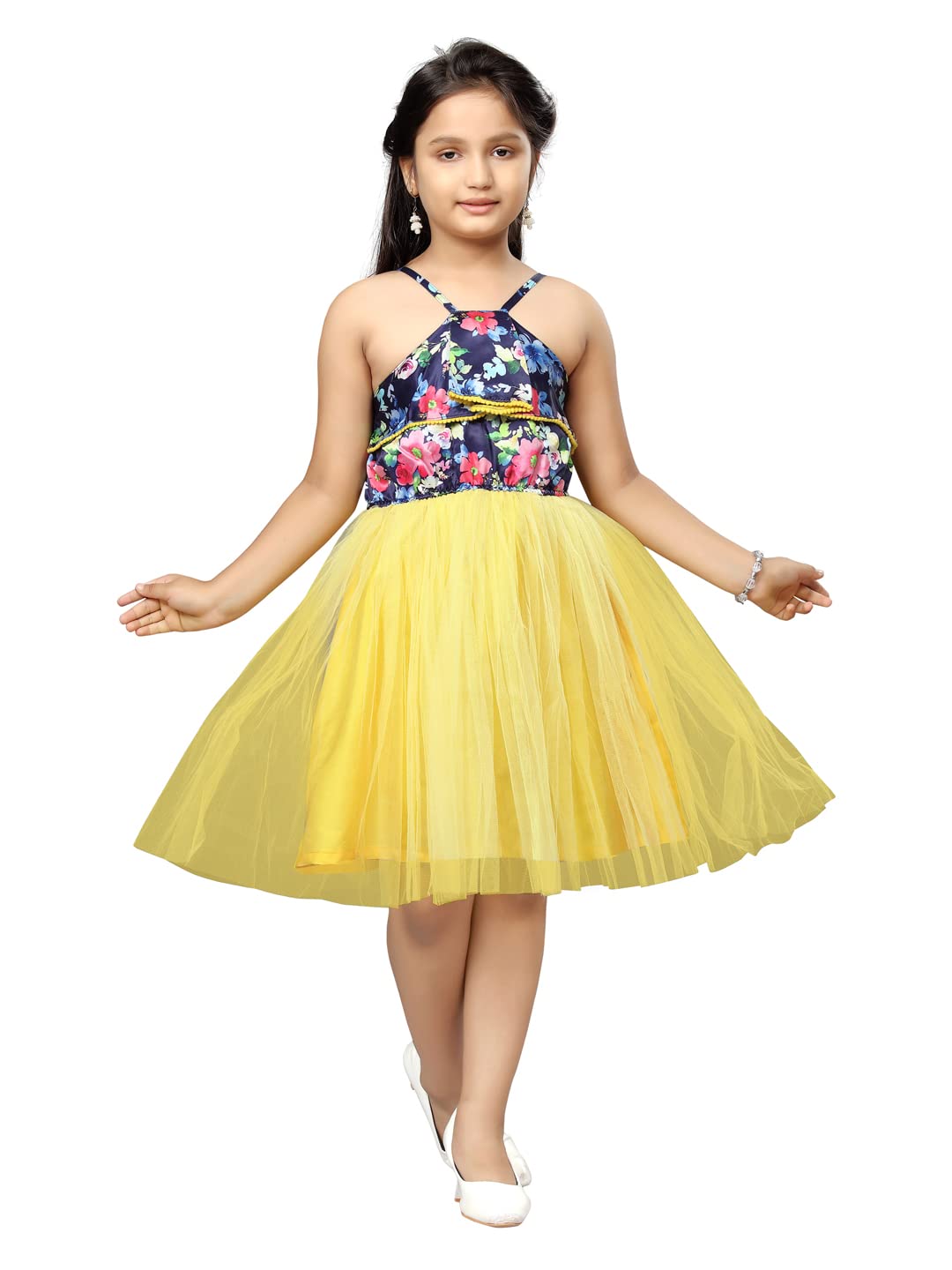 Aarika Girl's Nylon Skater Knee-Length Dress (MD-22133_Yellow_28)