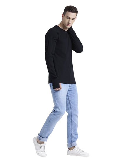 Rigo Round Neck Cotton Mens Tshirt with Thumbhole-Long Sleeve Black