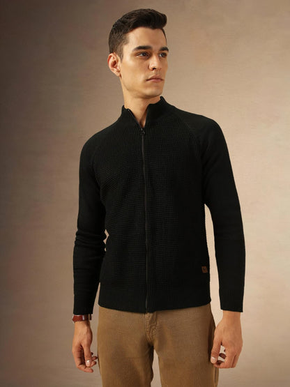 Dennis Lingo Men Regular-Fit Acrylic Solid Full Sleeves Stand Collar Front Open Sweater Black