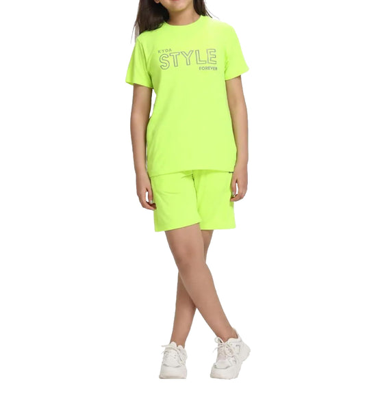 Kyda Kids Girls 100% Pure Cotton Premium Chest Printed Noen Green Tshirt And Short Set For Summer (Pack Of 1)