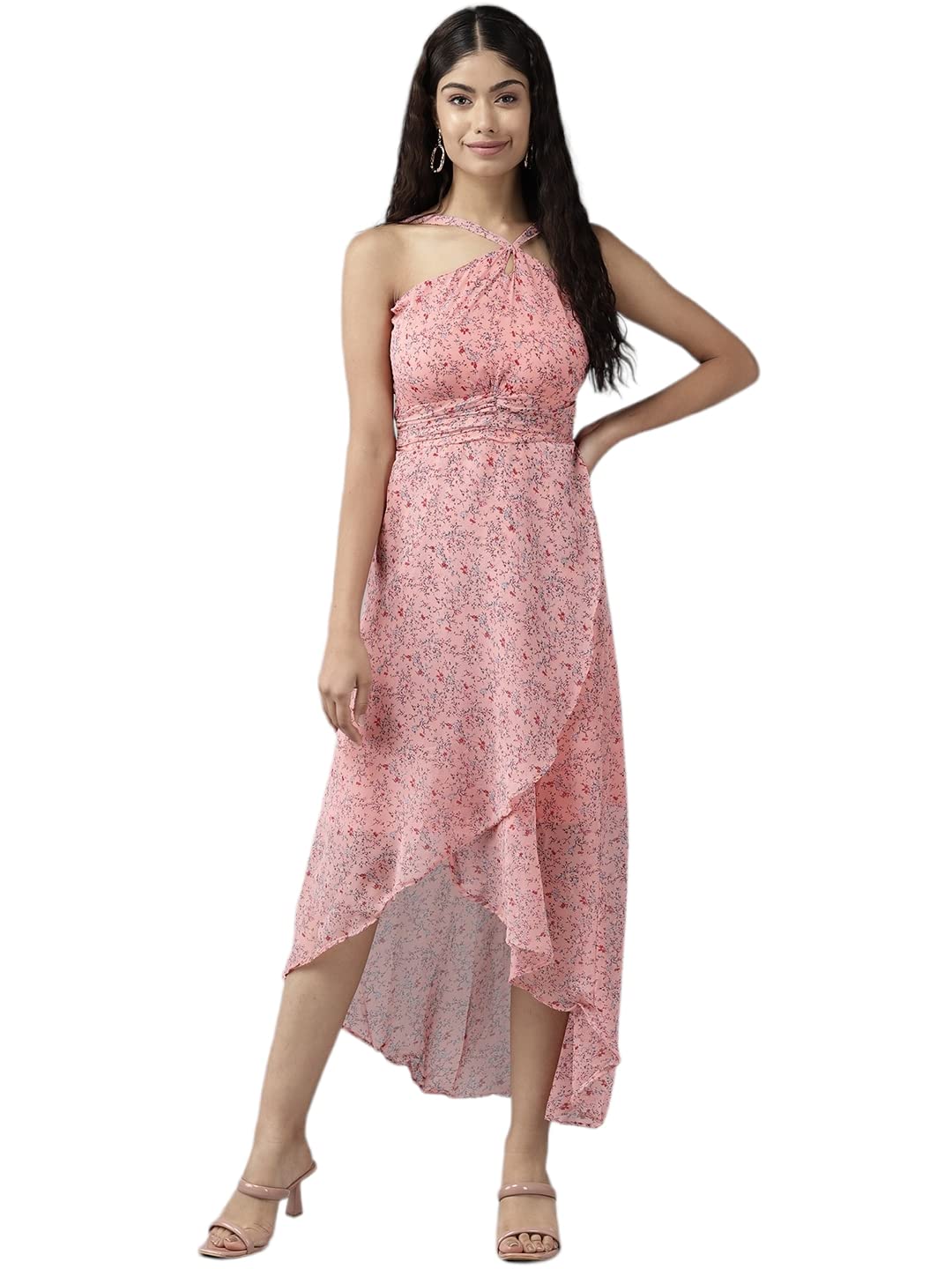 Aarika Womens Peach Color Floral Georgette Dress (Dr-Aw-037-Peach-L)