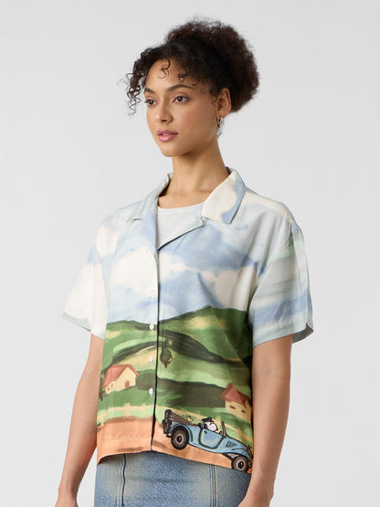 The Souled Store Peanuts: Snoopys Drive-in Women and Girls Short Sleeves Collared Neck Button Front Multicolour Printed Viscose
