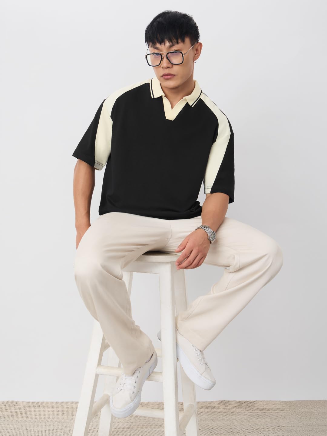 The Souled Store Colourblock Polo: White and Black Men and Boys Short Sleeve Collared Neck Cotton Heavy Gauge Casual Lightweight